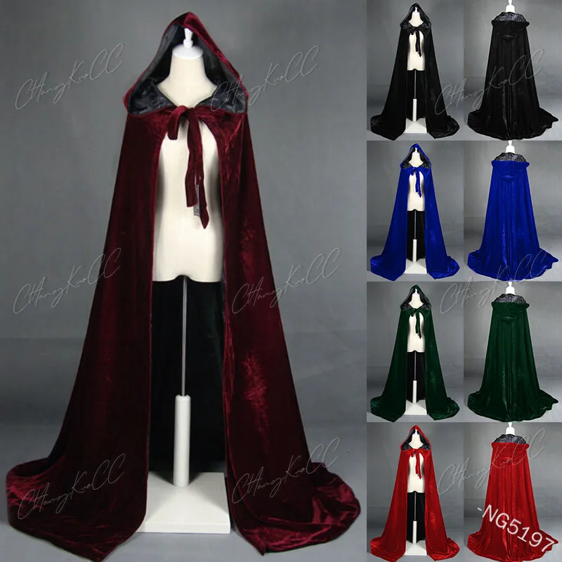 Hooded Cloak Long Velvet Cape Robe Green Black Red Halloween Carnival ...