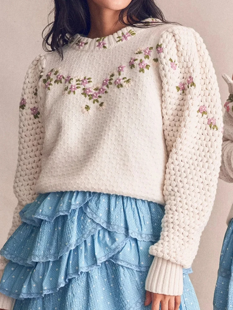

GypsyLady Vintage Floral Embroidery Knitted Sweater Pullover Autumn Winter Women Sweaters O-neck Thick Warm Ladies Woman Jumpers