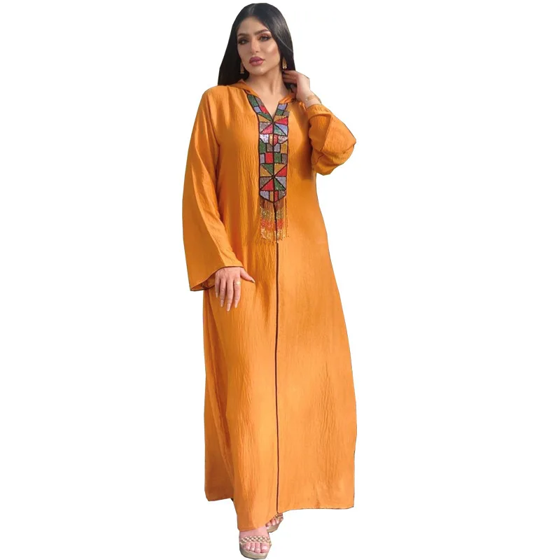 Jellaba Hooded Women Abaya Orange Long Sleeves Dubai Turkey Morocco Robe V-neck Women Robe Loose Gurban Muslin Women Clothing
