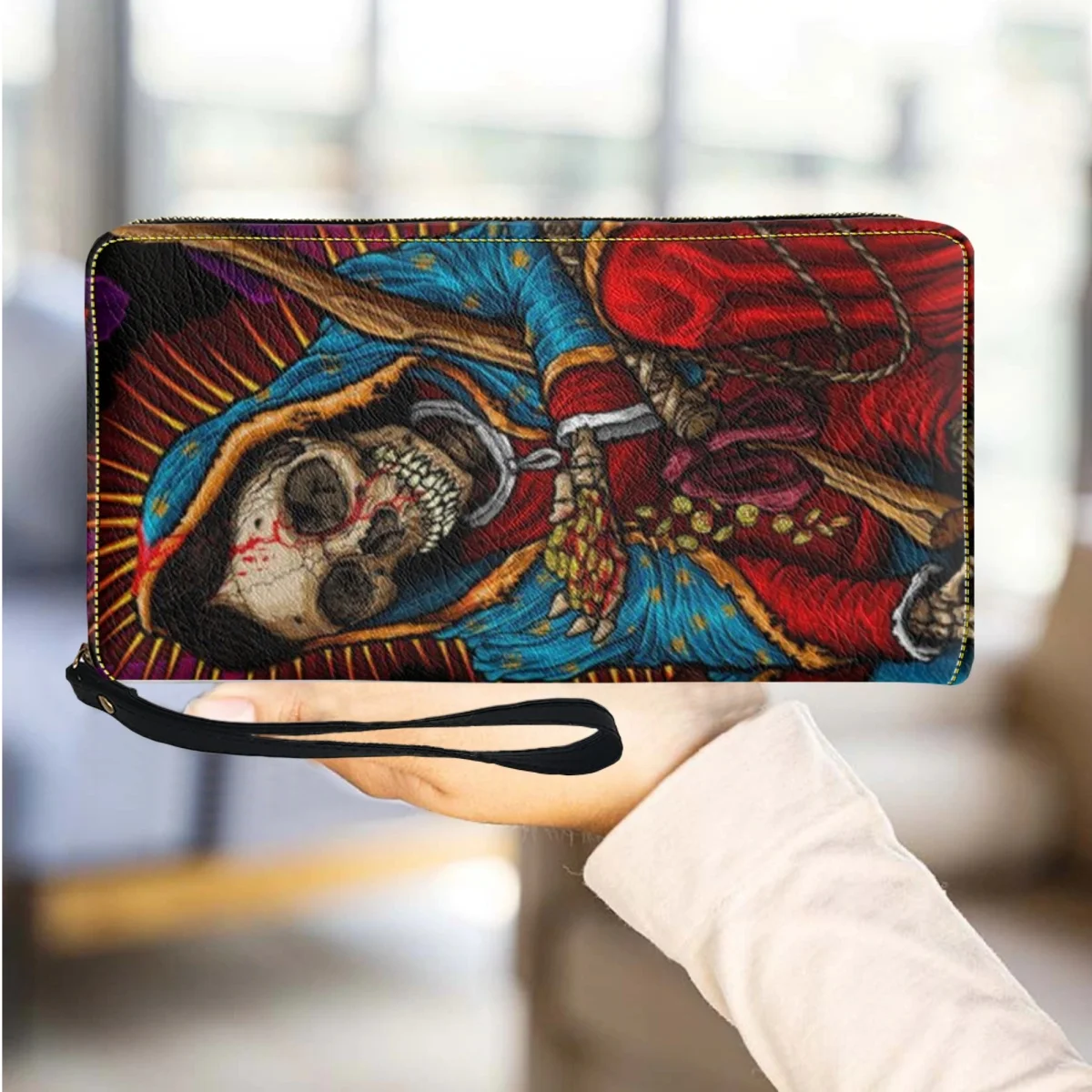 

Luxury Women Wristlet Wallet Business Card Holder Scary Skull Print Coin Handbags Halloween Gift Long Zipper Wallet Purse Female