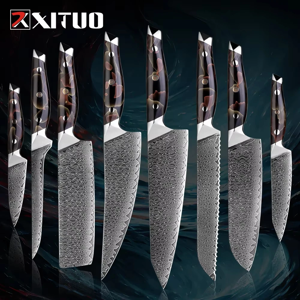 XITUO 67 Layer Damascus Steel 1~8pcs Set Kitchen Knife Chinese Meat Cleaver Hotel Household Western Chef's Knife Resin Handle