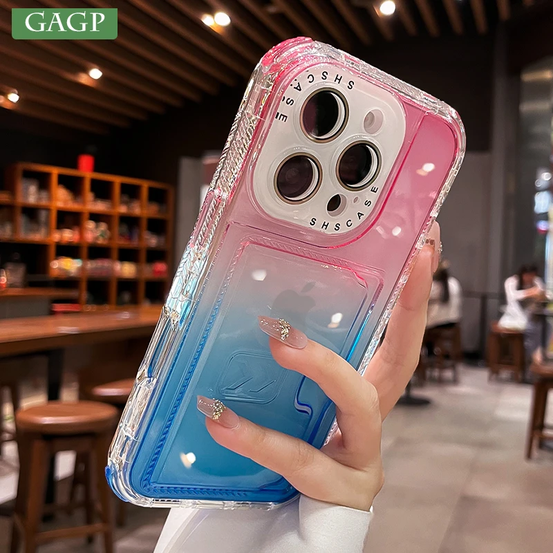 Luxury Gradient Color Clear Wallet Card Slot Shockproof Phone Case