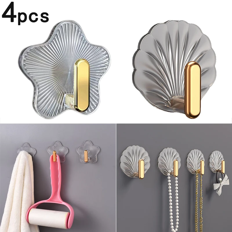 

4/2/1PCS New Strong Non Marking Hook Non Punching Clothes Hats Wall Multifunctional Clothes Adhesive Star Shell Kitchen Bathroom