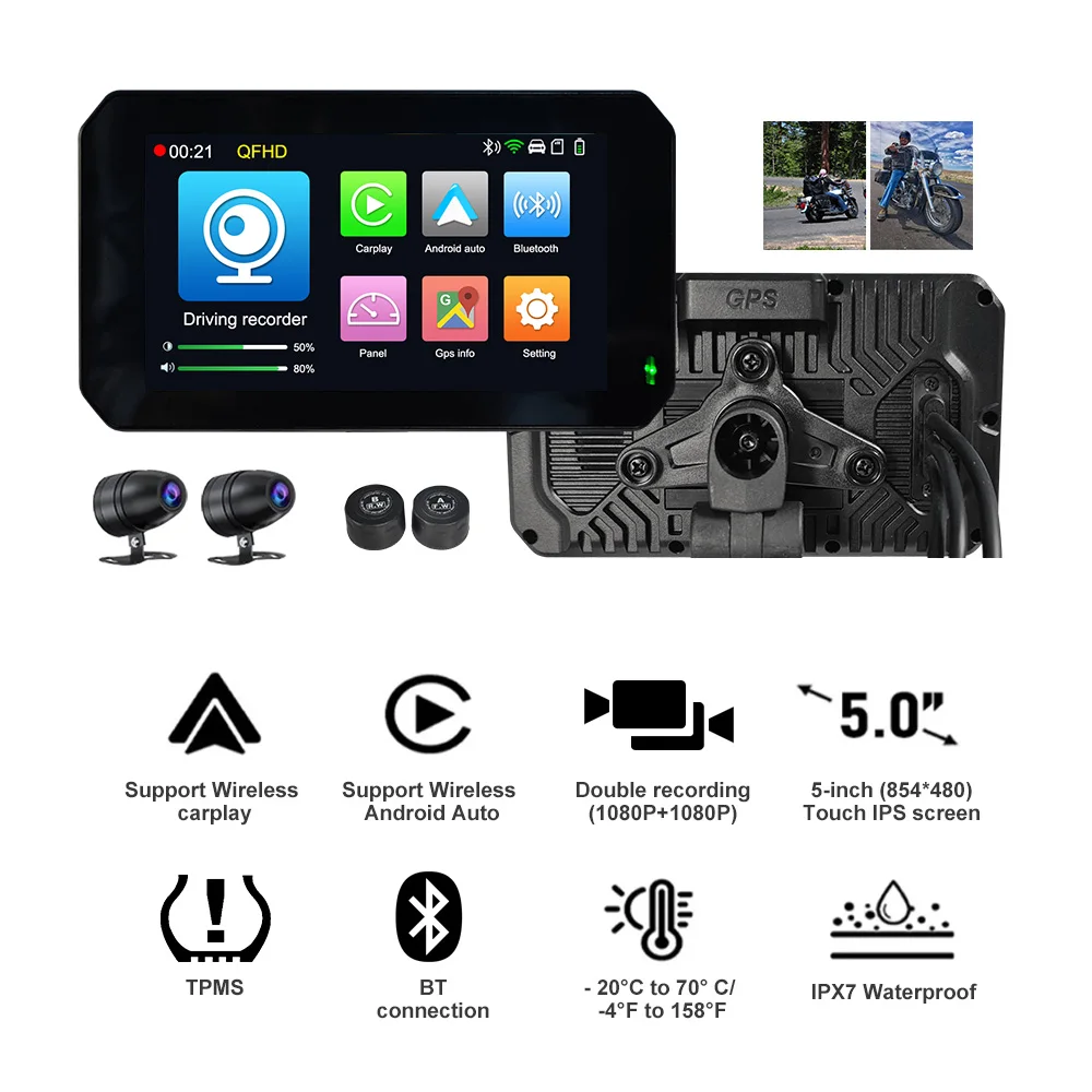 SUNWAYI Portable Motorcycle TPMS Tire Pressure DVR Dual camera 1080P Touch screen BT Motorcycle GPS Wireless Carplay Android