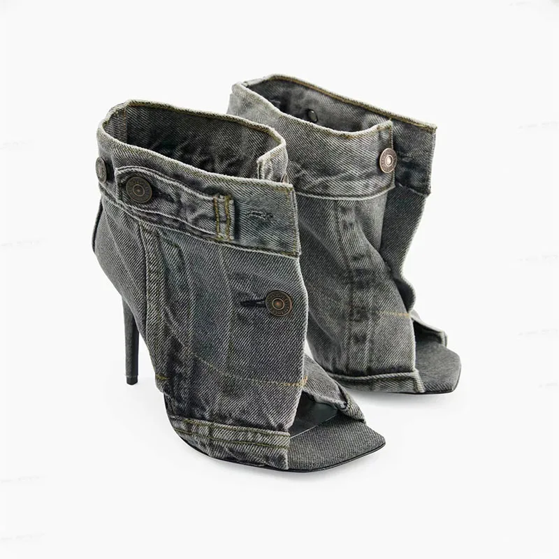Arden Furtado Grey denim ankle boots peep toe Stiletto heels