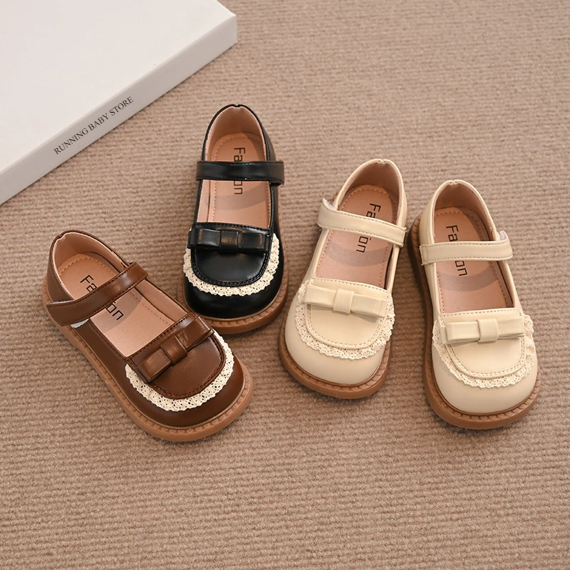 Children PU Leather Shoes Spring Girl Soft Anti-slip Princess Mary Janes Lace Bordered Fashion Baby Flats