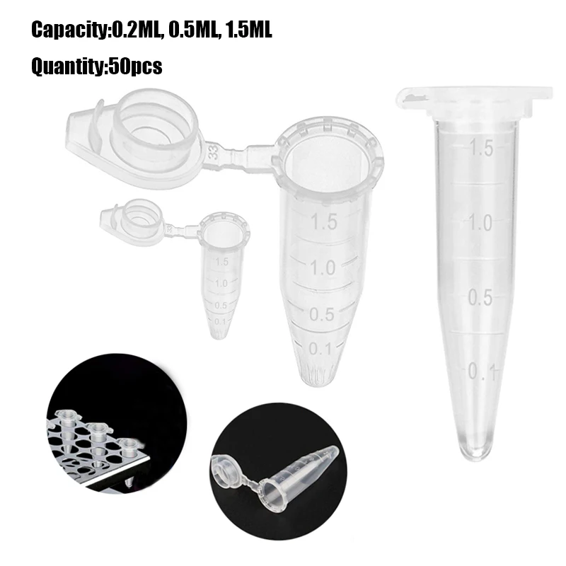 Micro 0.2-1.5 ml Centrifuge Tube Transparent Plastic Tube Container Scientific Laboratory Test Accessories Lid 50 test tubes plastic storage tubes