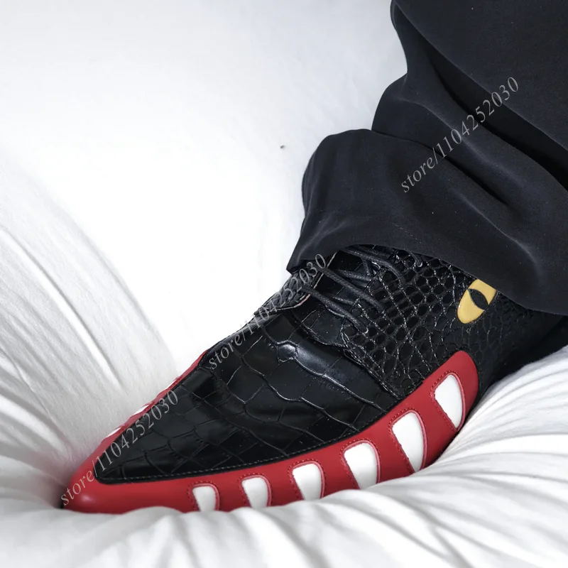 Black Graffiti White Leather Men Derby Pointed Toe Thick Heel Eye Totem Low Flat Shoes Spring Lace-Up Loafers Party Wedding Shoe 2