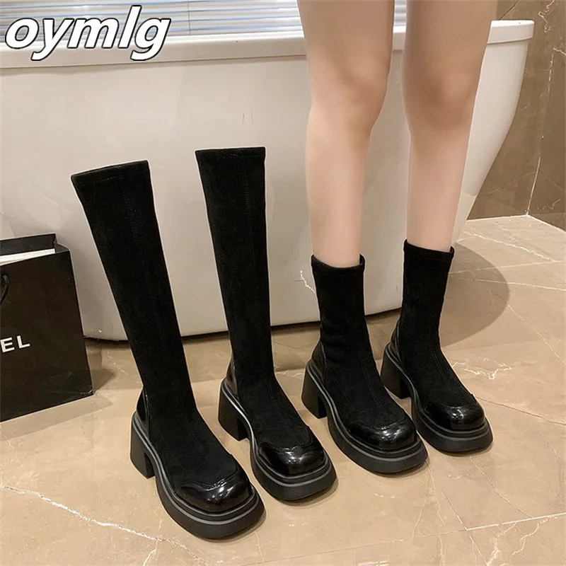 Spot Short Boots Women's 2023 Autumn/Winter New Slim Elastic Boots Breathable Versatile Slim Boots Thick Heel Long Boots Women