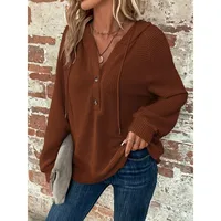 Plus Size Women's New Fashion Hooded Long Sleeved Solid Color Hoodie Sweatshirt Women with Buttons Hoodie