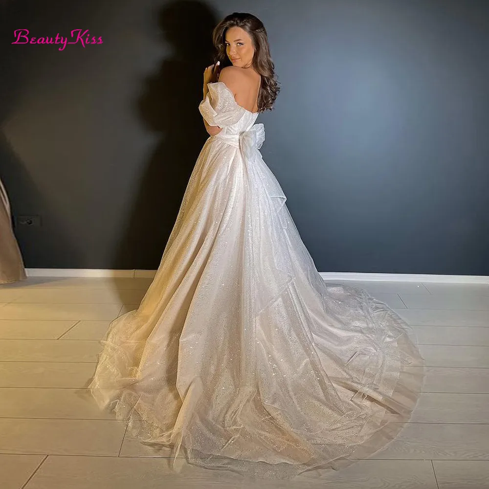 open lace back dress Pink Sweetheart Sparkly Wedding Dress with Detachable Sleeves Princess –  SELINADRESS main image 1