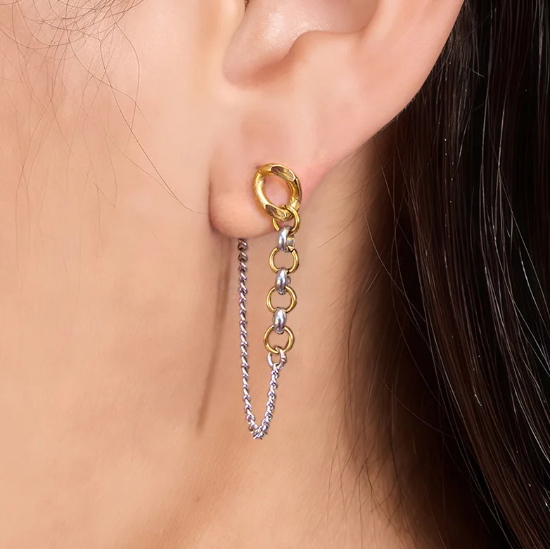 Hiphop Rock Two-tone Long Chain Link Dangle Earrings Multi Mini Circular Ring Mix Color Statement Earring Designer Jewelry Joias