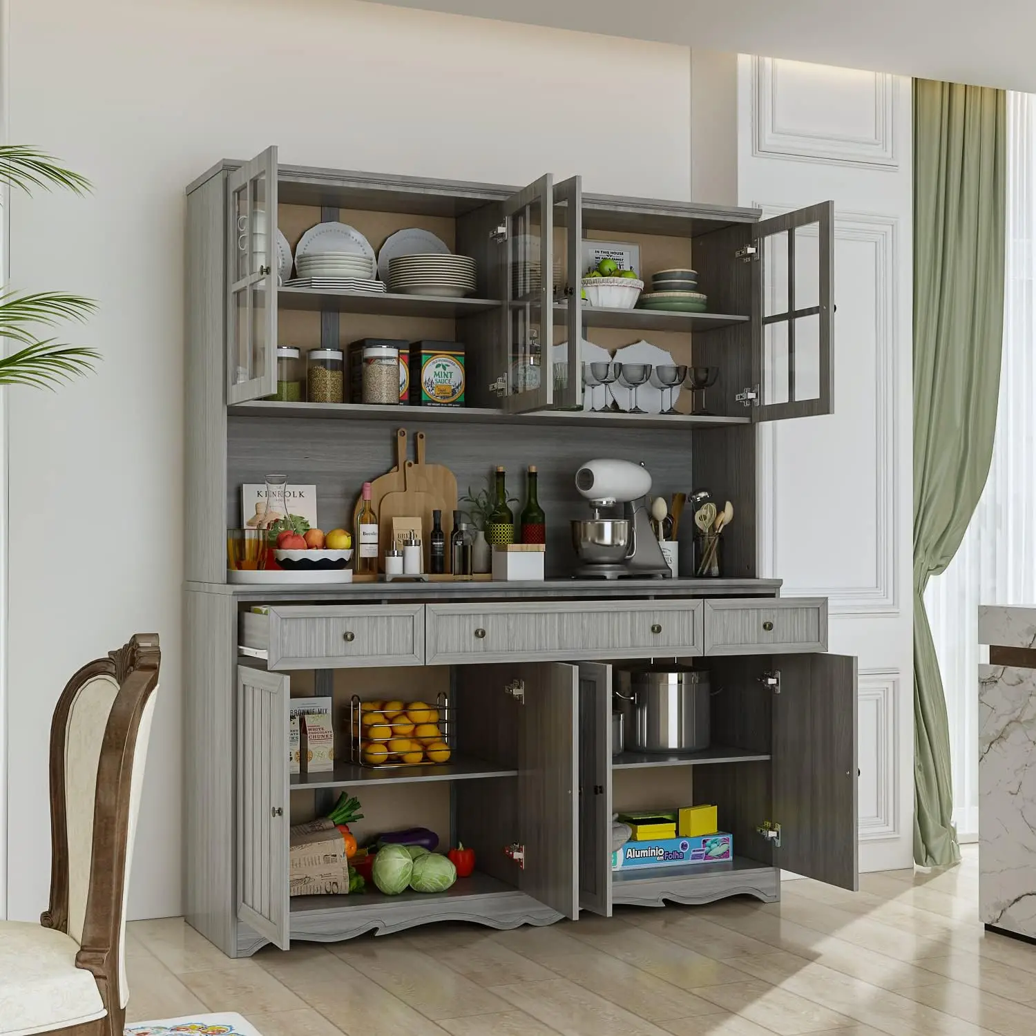 75.9 Kitchen Pantry Cabinet with Glass Doors & Hutch, Large Wood Storage Cabinet with 8 Shelves & 3 Drawers