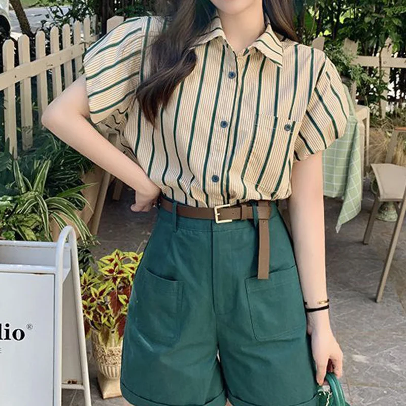 Hong Kong Style Retro Striped Blouse for Women Clothing Summer Polo-Neck Patchwork Pockets Short Sleeve Single Breasted Shirt