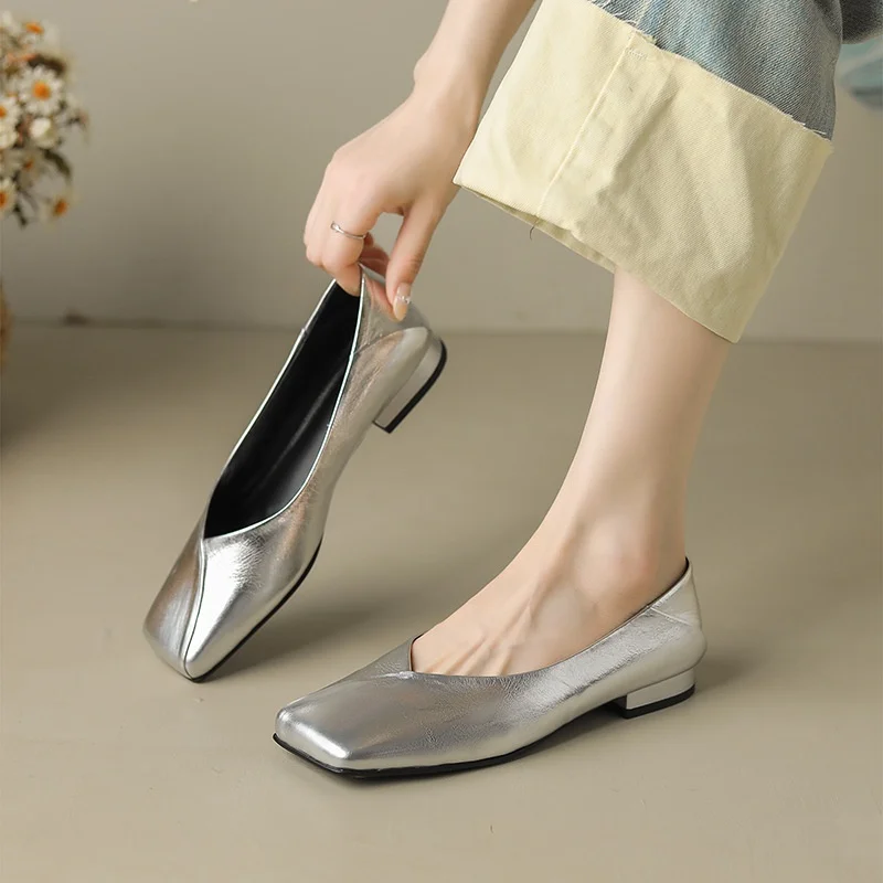 New French Soft Sole Cowhide Comfortable Casual Shoes Square Head Shallow Mouth Low Heel Fashion Women's Single Shoes