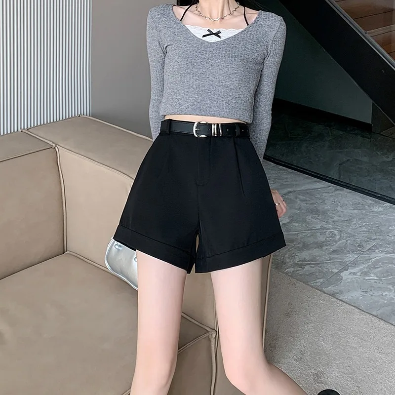 2024 Spring New Shorts Women Koean Style Office Lady High-waisted A-line Loose Wide-leg Solid Color Versatile Short Pants Female