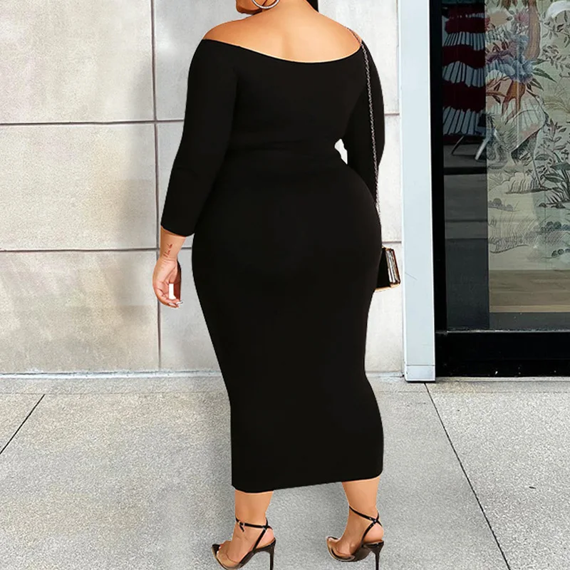 Elegant One Word Collar Letter Printing Three Quarter Sleeve Bandage Bag Hip Midi Dresses Fashion Plus Size Spring Summer Women