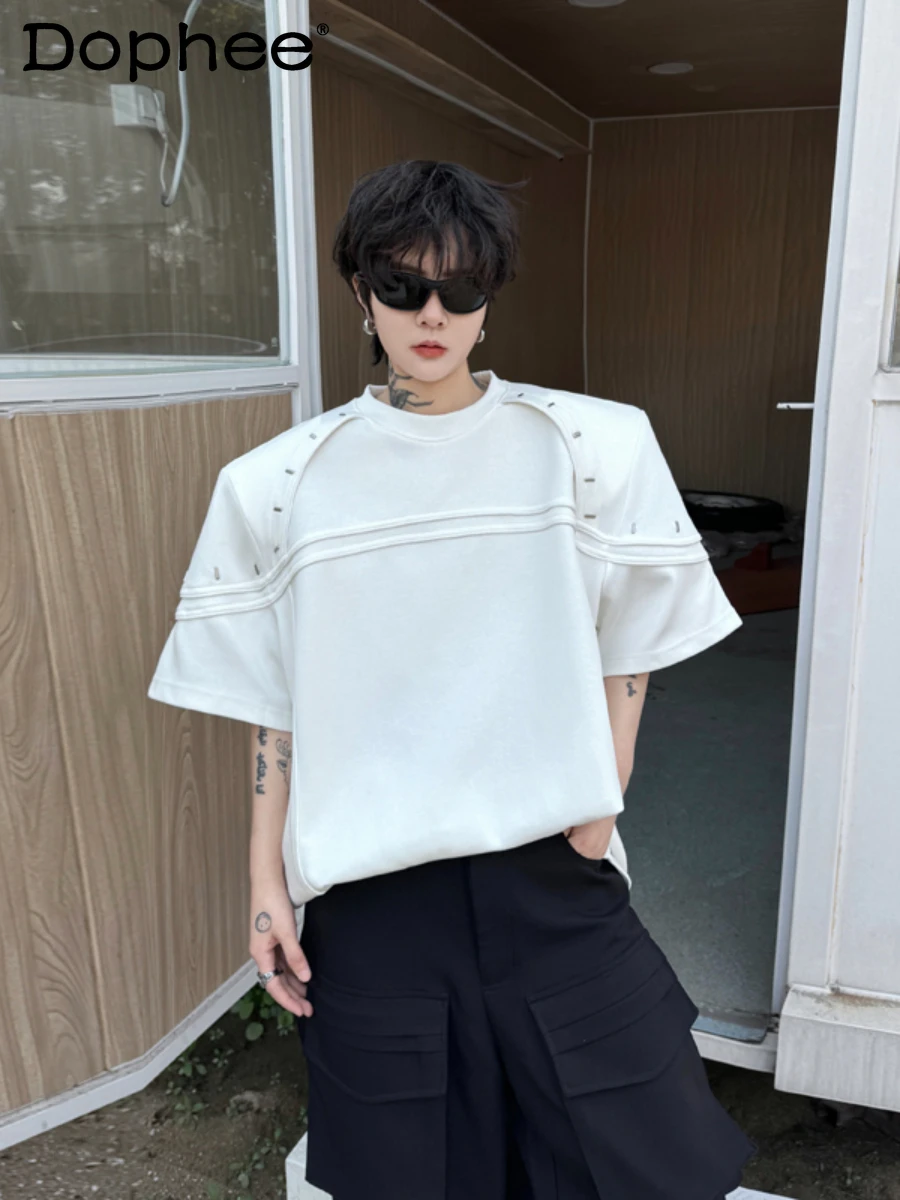 

2024 Summer Metal Rivet Padded Shoulder Solid Color T-shirts Men's Short Sleeve Fashion Loose High-End Trendy Male T-shirt