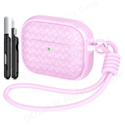 Woven Leather Texture Headphone Case with Lanyard, Non - Slip Earbuds Holder for AirPods Pro 3 (D68 - XB - Pink)