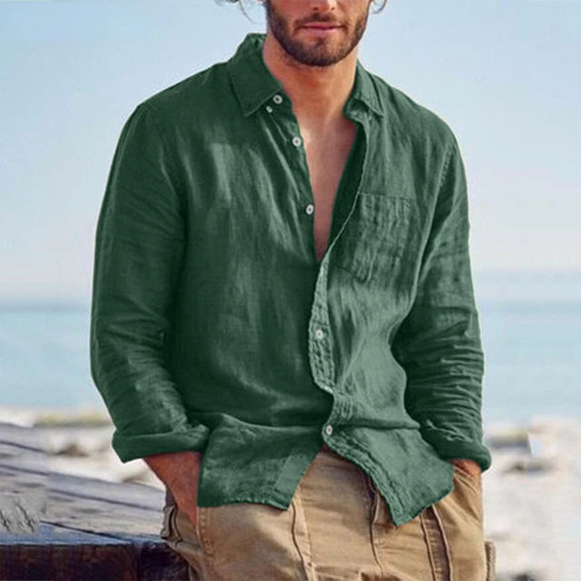 Mens Long Sleeve Shirts Linen Cotton Buttons Beach Yoga Casual Summer Shirts