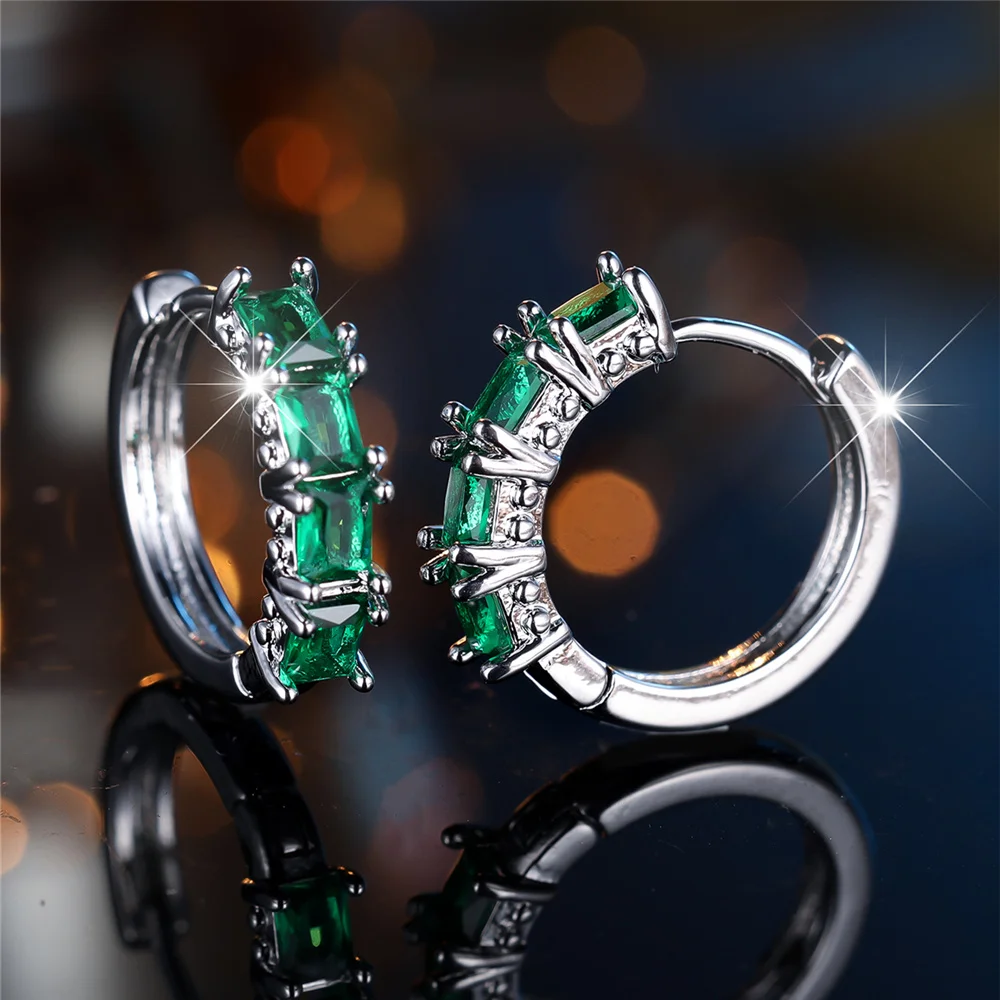 Crystal Blue Green Rainbow Zircon Stone Square Hoop Earrings For Women Fashion Female Silver Color Wedding Jewelry