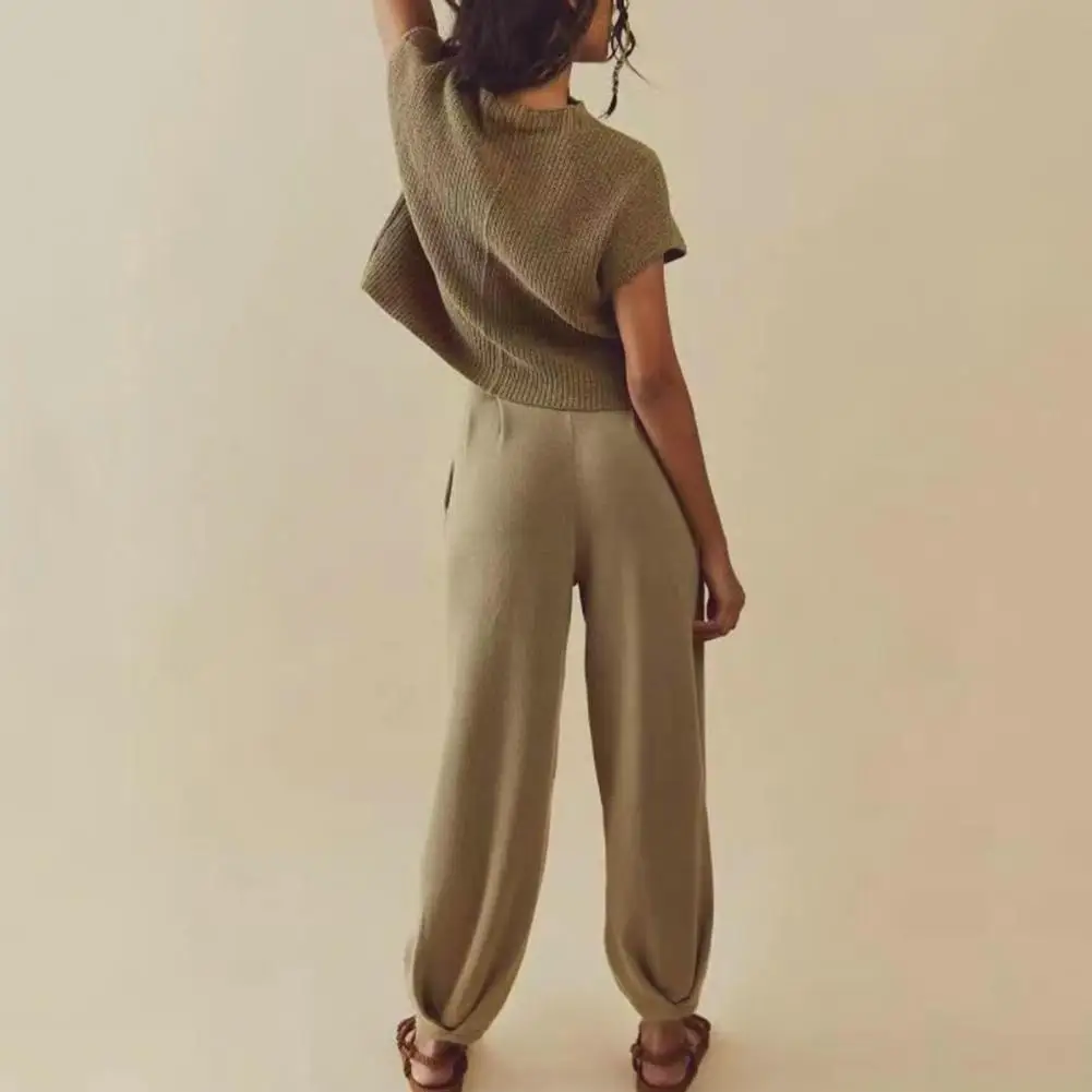 

Women Tops Pants Set Comfy Knitwear Set for Women O-neck Short Sleeve Tops High Waist Sweatpants with Pockets for Spring Autumn