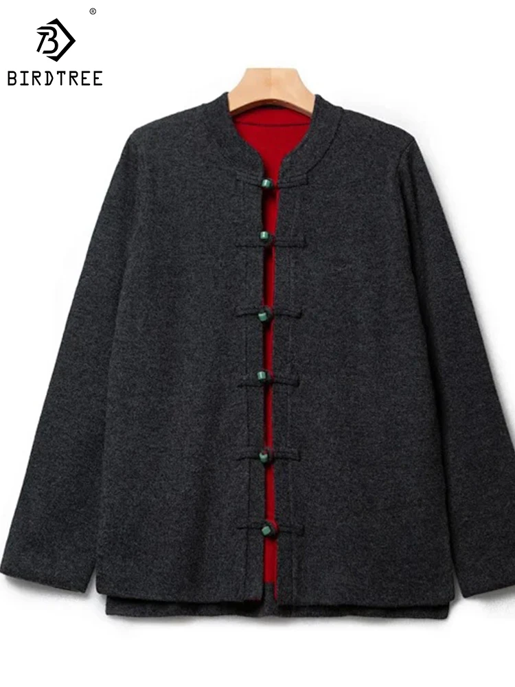 

Birdtree 65% Cashmere 30%Mulberry Silk Chinese Style Coat Worn On Both Sides Loose Round Collar Retro Elegant Jacket C3D810QD