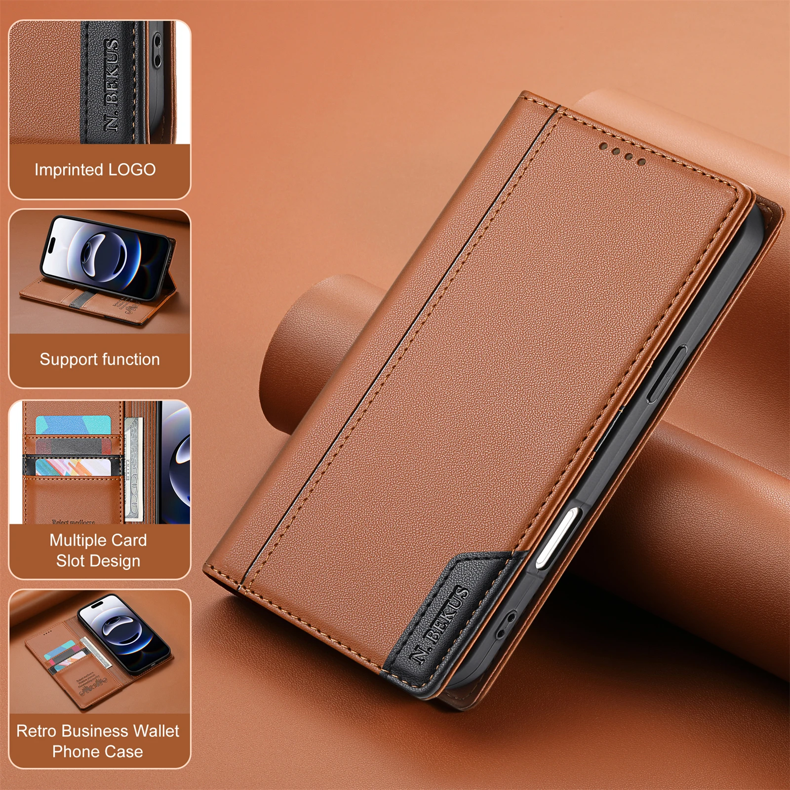 Leather Flip Wallet with Strong Magnetic Closure and RFID Protection - Shockproof Cardholder Case