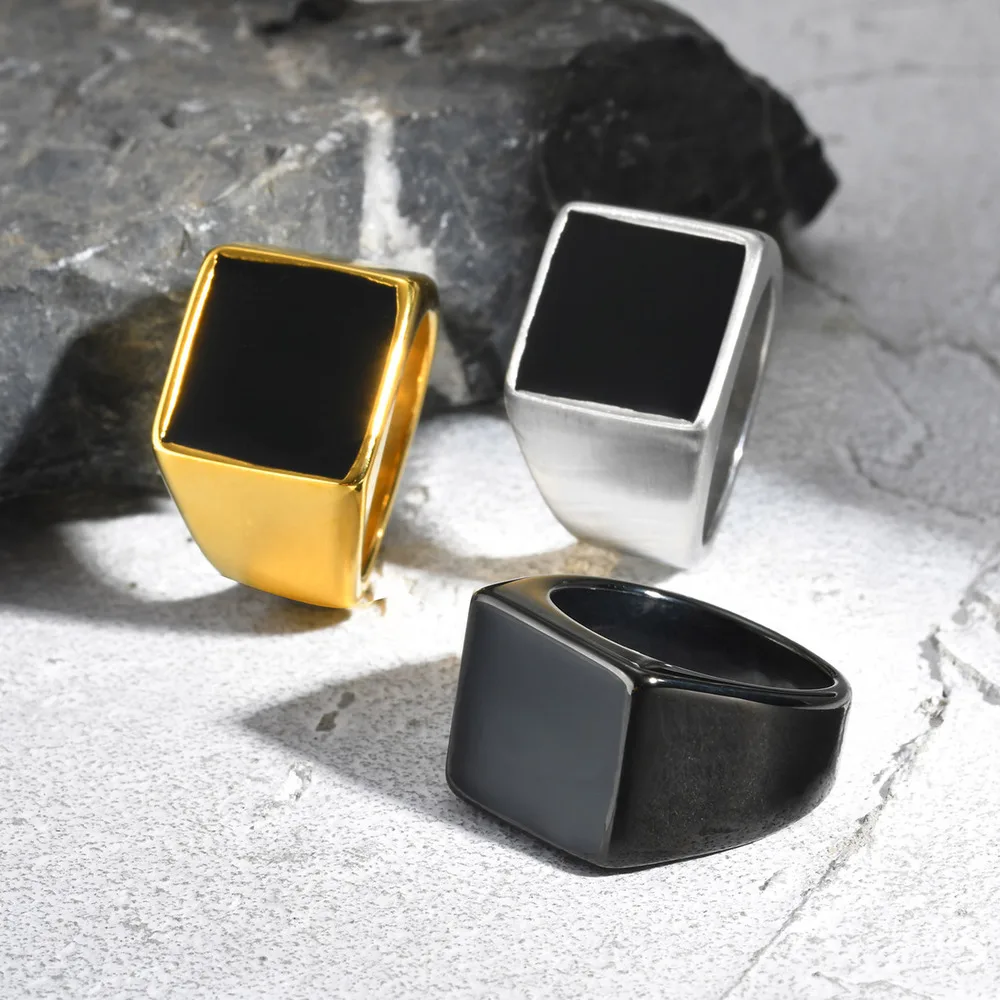 Vnox 14 mm Siegelring mit quadratischem Oberteil für Männer und Jungen, schwarzer Edelstahl mit Emaille-Oberstempel-Fingerband, schlichter Punk-Ring für Männer