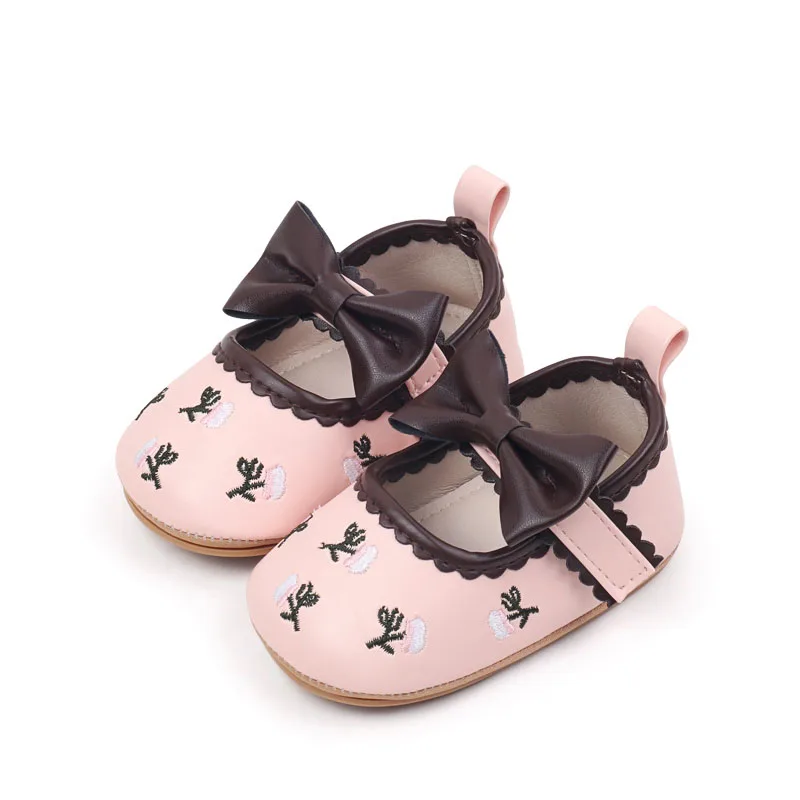 PU Baby Girls Shoes Princess Infant Mary Jane Flats Bowknot Floral Embroidery Dress Shoes Non-Slip Newborn Crib