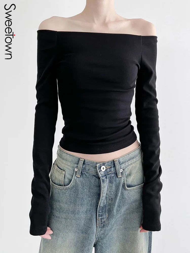 Sweetown Black Solid Slash Neck Elegant Long Sleeve Tops Korean Fashion Slim Sexy Cropped T Shirt Women Fall Clothing