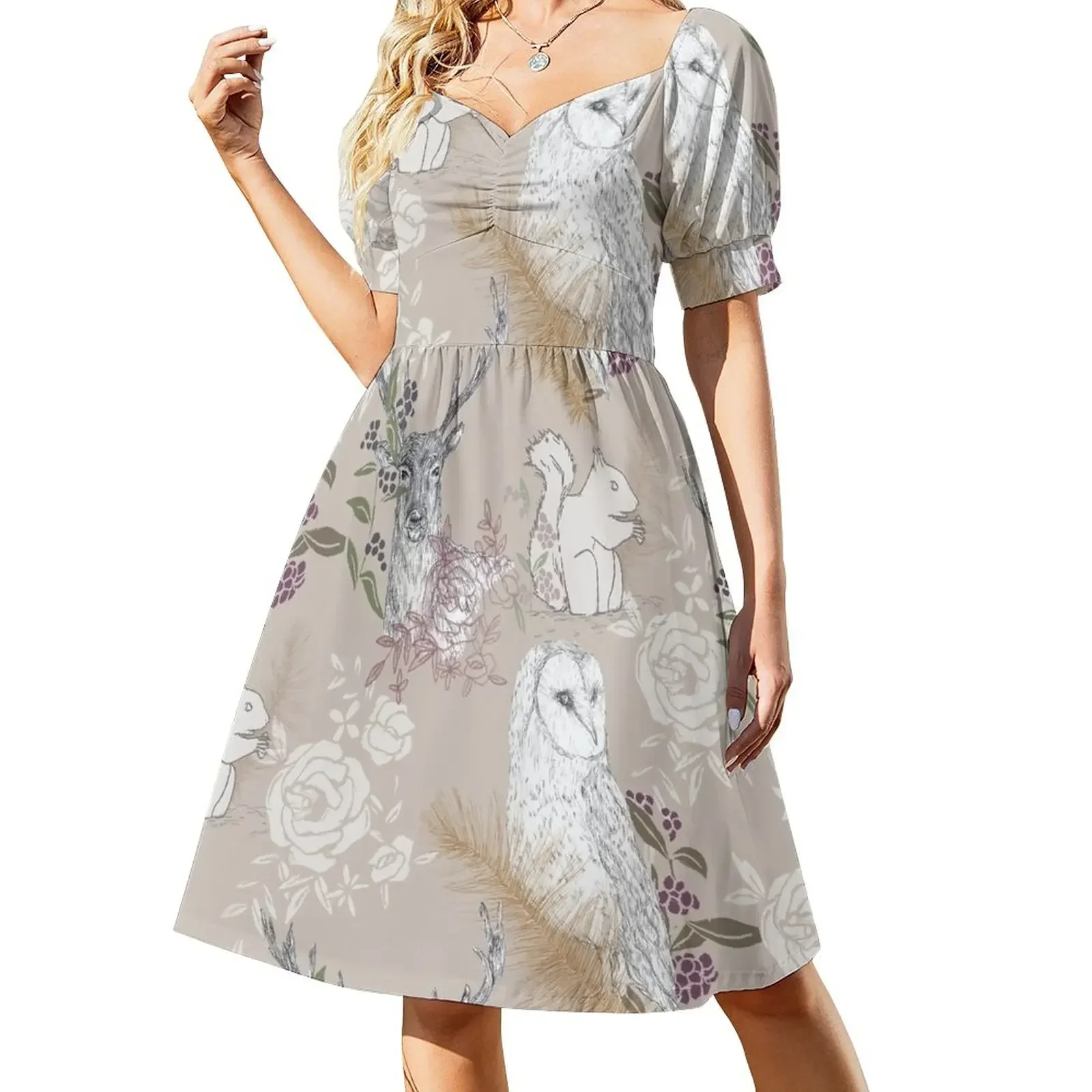 thumbnail image 1 of Vestido de manga corta con estampado de animales del bosque, vestido de cóctel elegante para mujer, vestido de fiesta de verano para mujer, 1 of 7