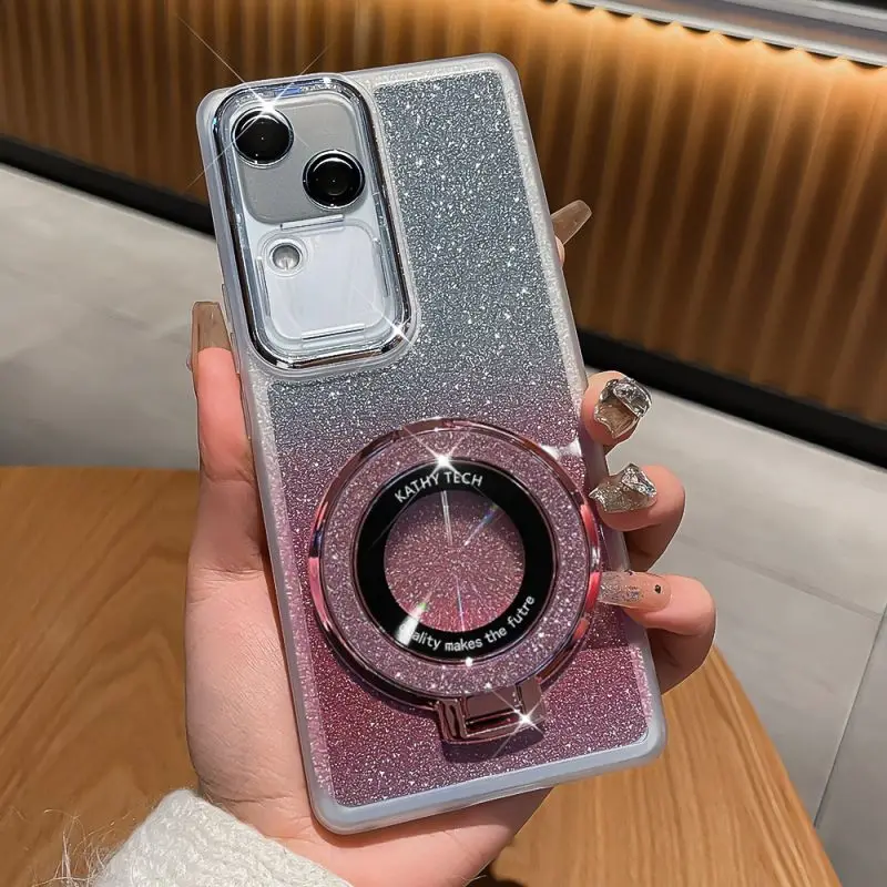 Glitter Ring Stand Protective Back Cover Case with Lens Guard