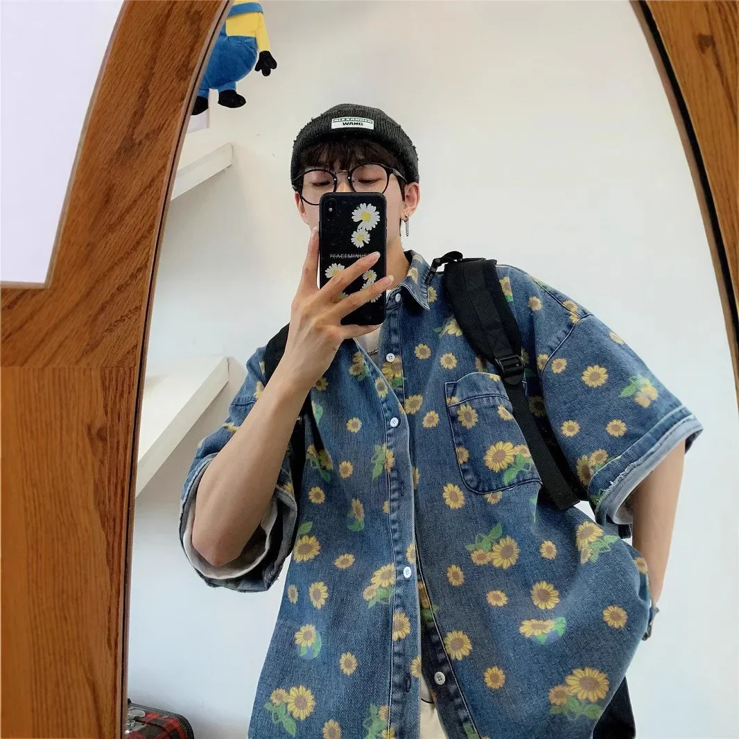 Retro Washed Denim Shirt Men's Summer Hong Kong Style Full Print Daisy Loose Short Sleeve Casual Top Trendy Loose Fit Shirt