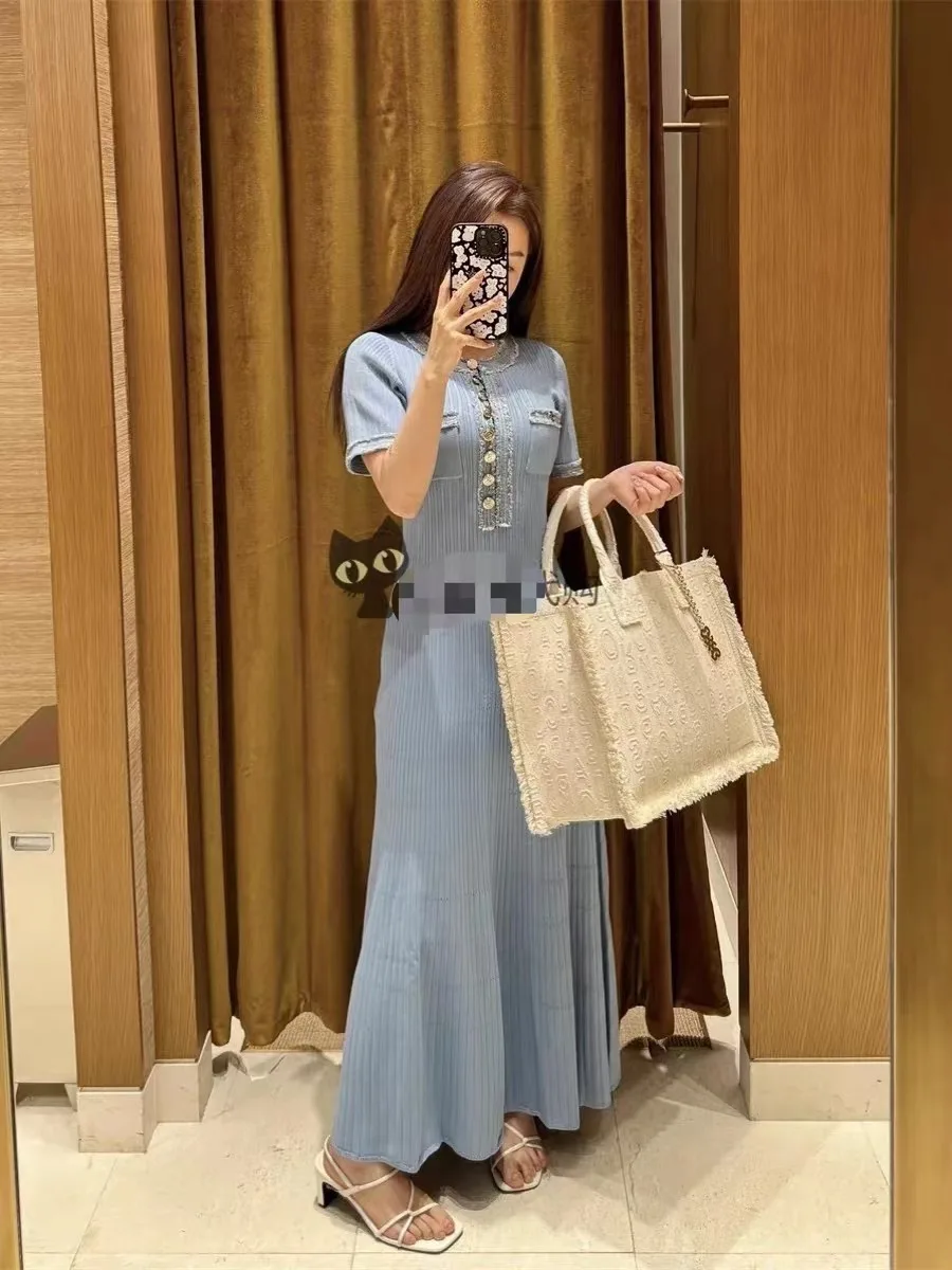 

EFATZP Denim Patchwork Dress Women's 2024 Spring Slim Knitted Elegant Evening Birthday Party Maxi Dress