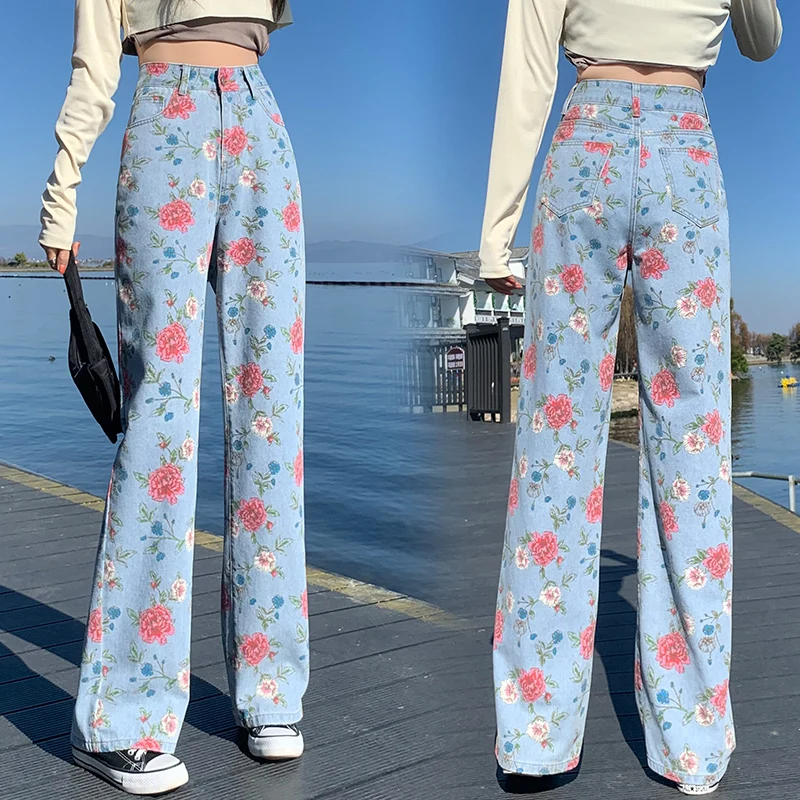 Rose Flower Print Blue Baggy Jeans for Teen Girls Korean Style High Waist Straight Women Casual Loose Denim Wide Leg Pants |
