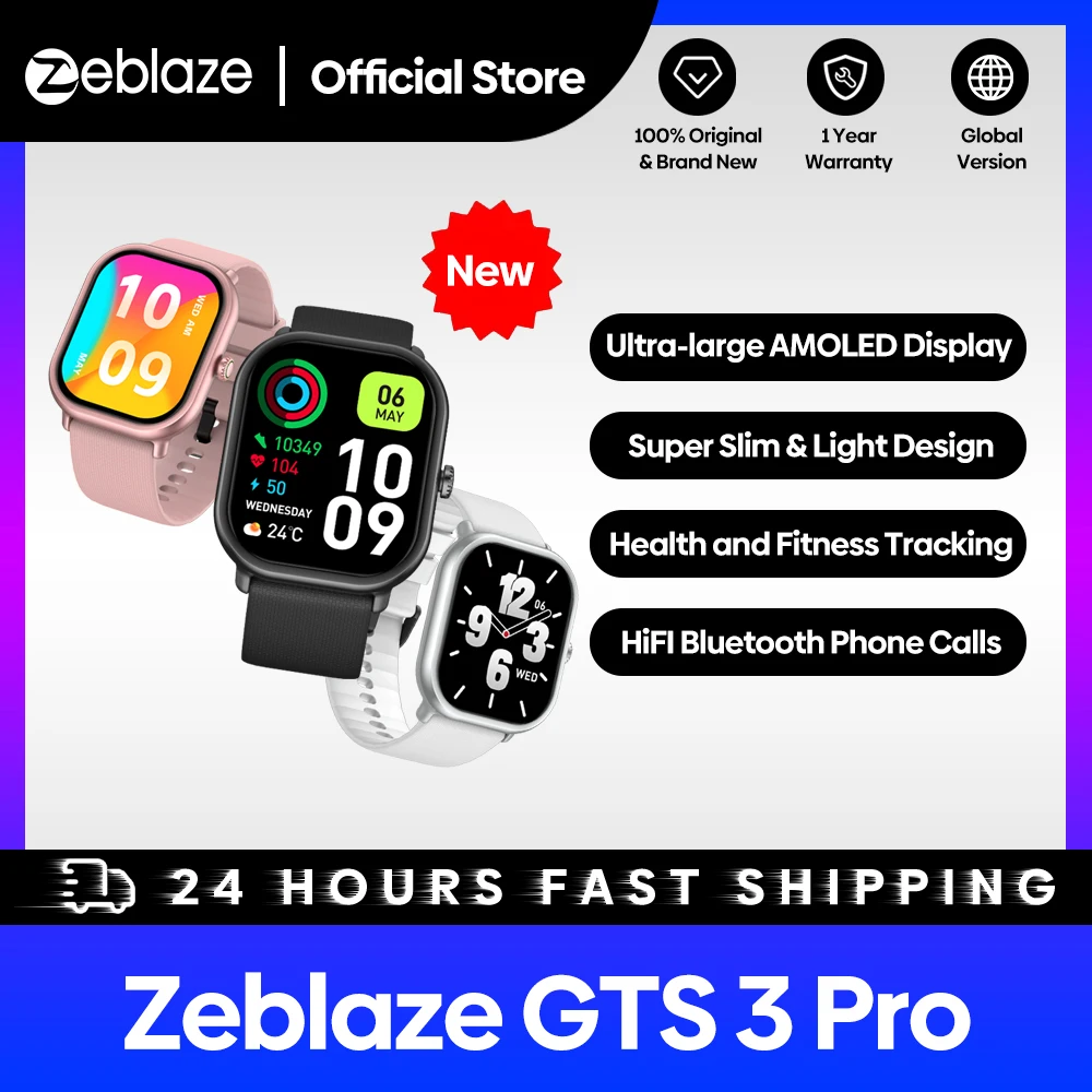  New Zeblaze GTS 3 Pro Smart Watch Ultra-big HD AMOLED Screen HiFi Bluetooth Phone Calls Health and Fitness Tracking Smartwatch 