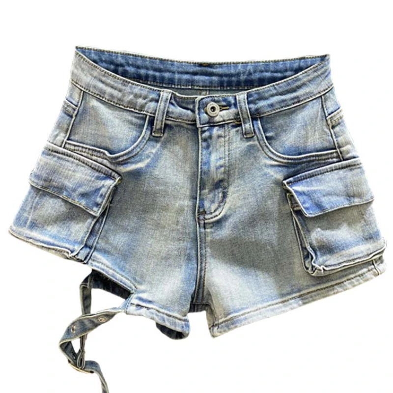 2024 Summer New American Retro Hot Girl High Waist Denim Shorts Women's Design Sense Niche Workwear with Pocket Hot Pants