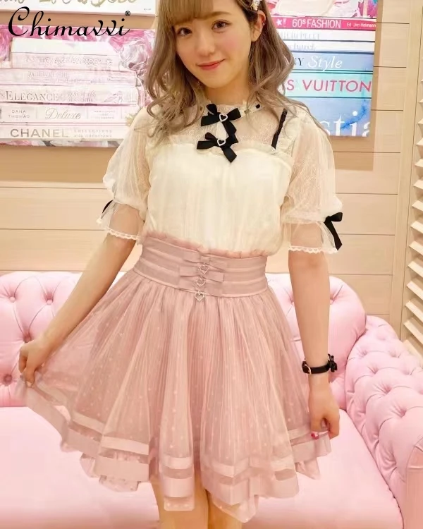 Japanese Style Sweet Lace Mesh Pleated Skirt 2023 New Summer Women Lolita Mini Skirt Slim Fit Sweet Cute High Waist Short Skirts