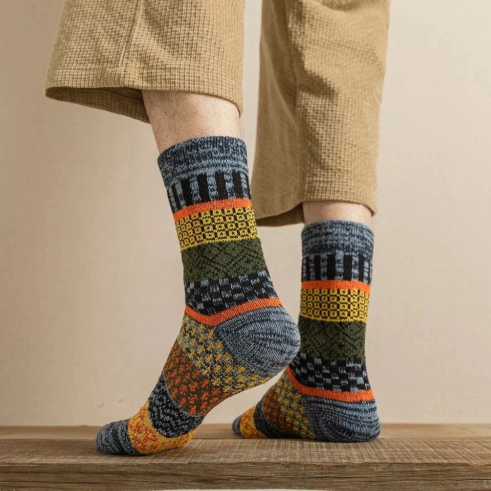 Mens Winter Wool Socks - Warm Colorful Retro Style for Snow Boots EU Size 38-44