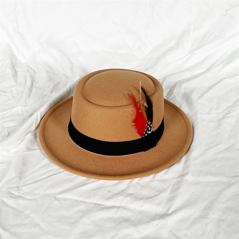 convex top classic fedora hat small flat top pearl feather men's felt hat polk pie coffee top hat gorras para hombres 2