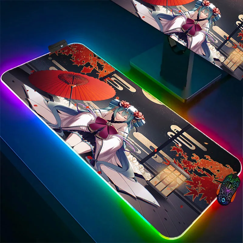 Anime Kawaii H-Hatsune Miku RGB Large Mouse Pad LED Laptop Gaming Rubber Anti Slip Mouse Mats Keyboard Luminous Cute Table Mat