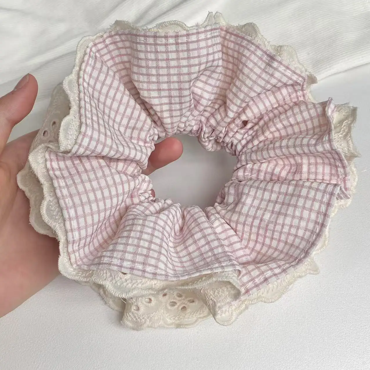 1pc  Sweet Pink Plaid Hair Scrunchie With Lace Trim, Elegant Ruffled Hair Tie, Cute Hair Accessory For Women And Girls
