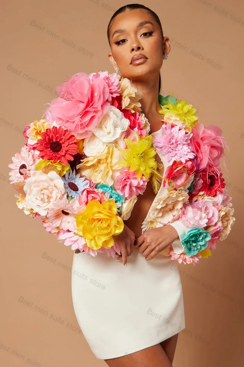 Designer Women Suit Skirt Set 2 Piece Blazer+Prom Dress Spring 3D Flower Cotton Wedding Tuxedo Party Jacket Coat Customize