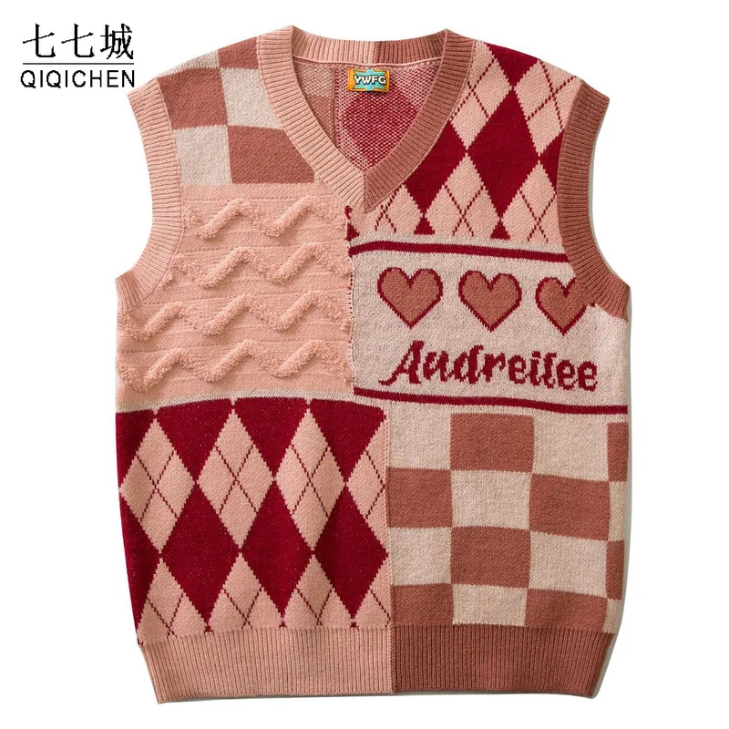 Patchwork Knitted Vest Men Women Letter Heart Pattern Sleeveless Sweaters Loose Unisex Pullover Spring Autumn New College Style