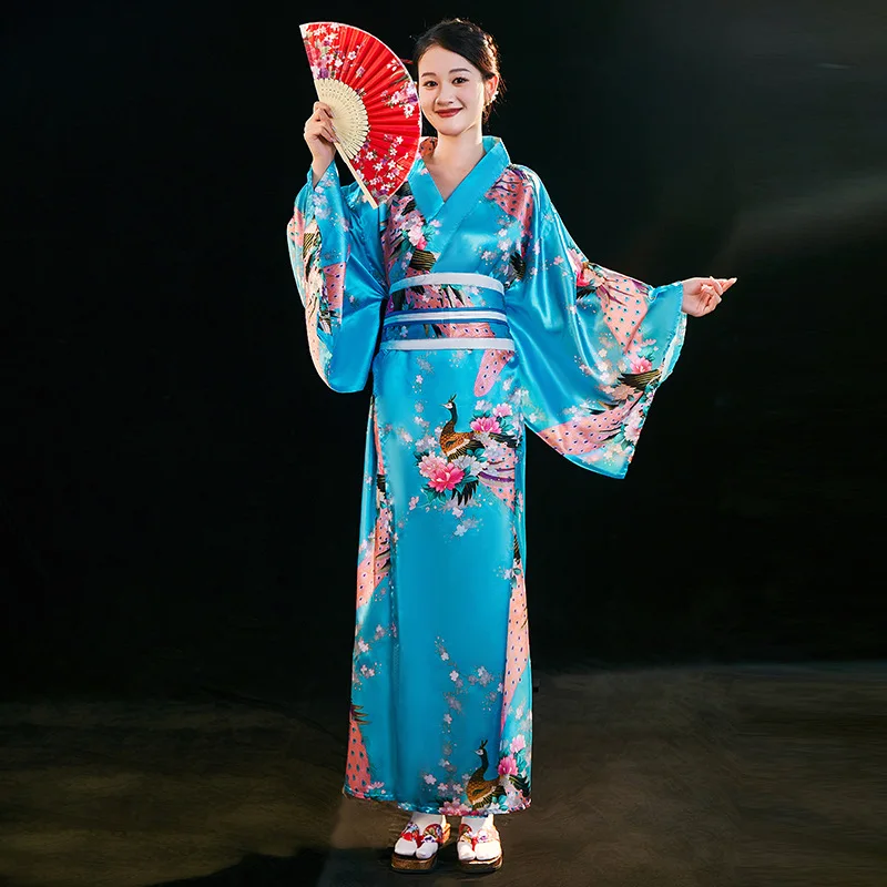 Japanese Women Fashion Tradition Yukata Silk Rayon Kimono With Obi Flower Vintage Cosplay Costume Evening Dress One size
