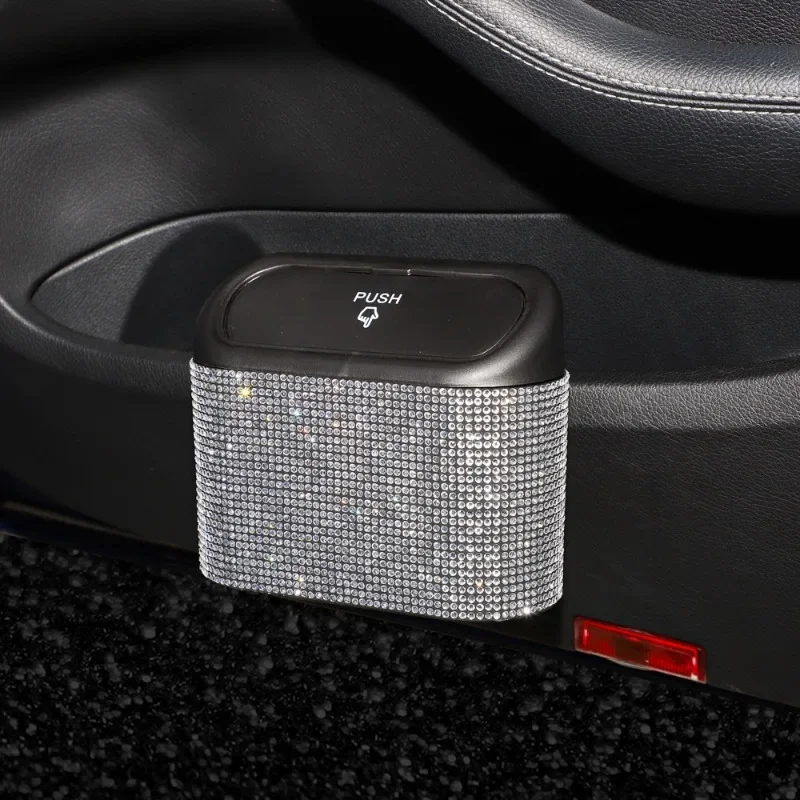 Diamond Crystal Car Trash Bin Hanging Vehicle Garbage Dust Case Storage Box Pressing Type Trash Can Auto Bling Accessories