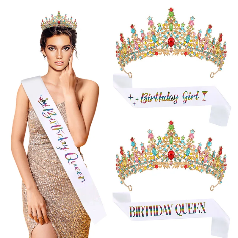 

European and American Colorful Crystal Crown Shoulder Strap Ceremonial Belt Set Shiny Luxury Crown Birthday Party Accessories