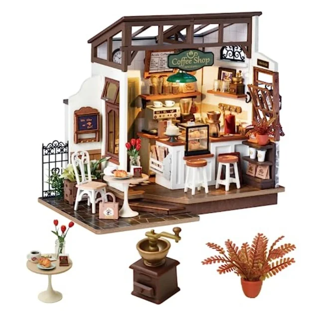 Robotime NO.17 Cafe Miniature House Kit DIY Wooden Crafts Mini Model Kits with LED for Teens Adult Birthday