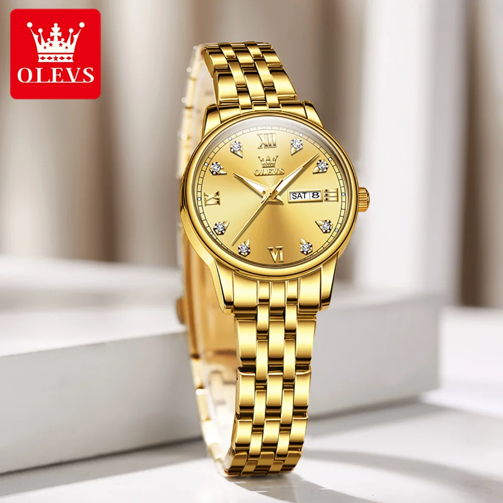 OLEVS Brand Women Fashion Week Date Quartz Watch for Ladies Waterproof Stainless Steel Luxury Wristwatch Womens Reloj Hombre